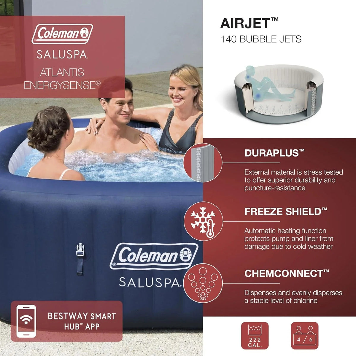 4 to 6 Person Inflatable Hot Tub Square Portable Outdoor Spa with 114 Soothing Airjets and Insulated Cover