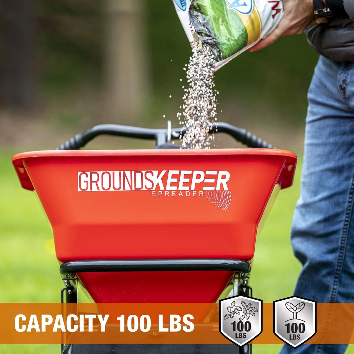 Walk Behind Push Spreader, 100LB Capacity, for Salt, Ice & Snow Melt, Included Grate & Cover with Enclosed Gearbox for Protection