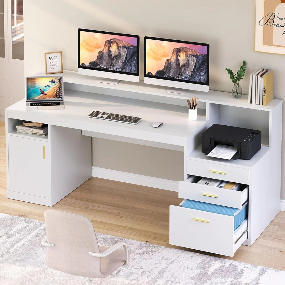 Computer Desk with 3 Drawer & Storage Shelves, Home Office Desk with File Drawer & Cabinet, Writing Study Table with Long Monitor Stand &…