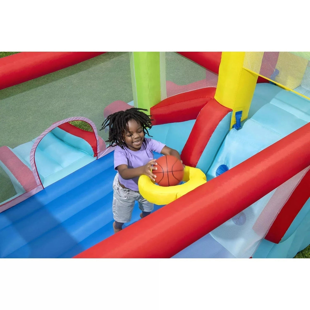 Up, in and Over Wonder Hoops 10' Inflatable Bounce House Park with Basketball and Slide. 126