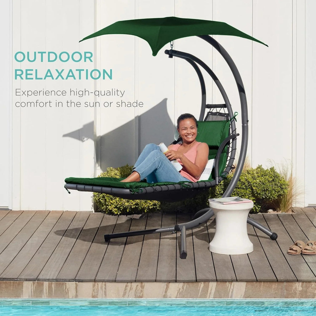 Best Choice Products Outdoor Hanging Curved Steel Chaise Lounge Chair Swing w/Built-in Pillow and Removable Canopy - Charcoal Gray