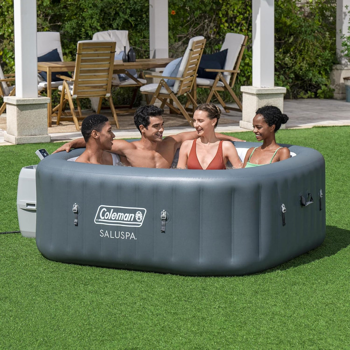 4 to 6 Person Inflatable Hot Tub Square Portable Outdoor Spa with 114 Soothing Airjets and Insulated Cover