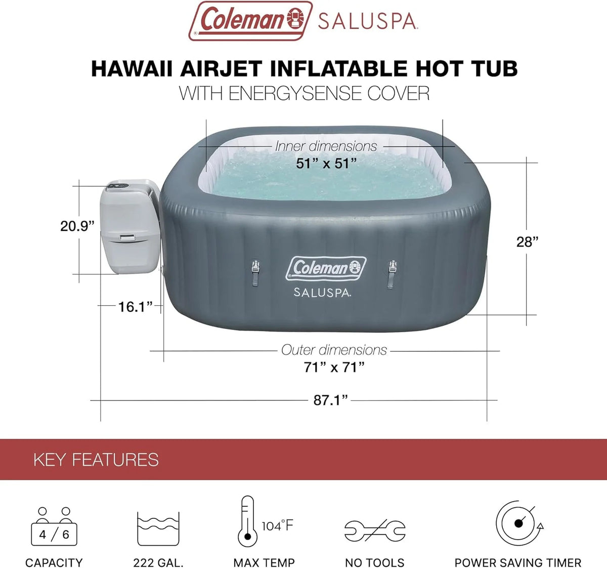 4 to 6 Person Inflatable Hot Tub Square Portable Outdoor Spa with 114 Soothing Airjets and Insulated Cover