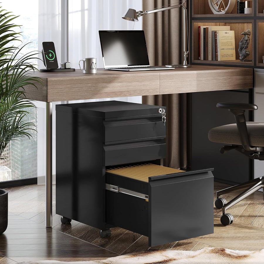 3 Drawer Mobile File Cabinet Under Desk Office, Fully Assembled Except Casters, Letter/legal Size, Black