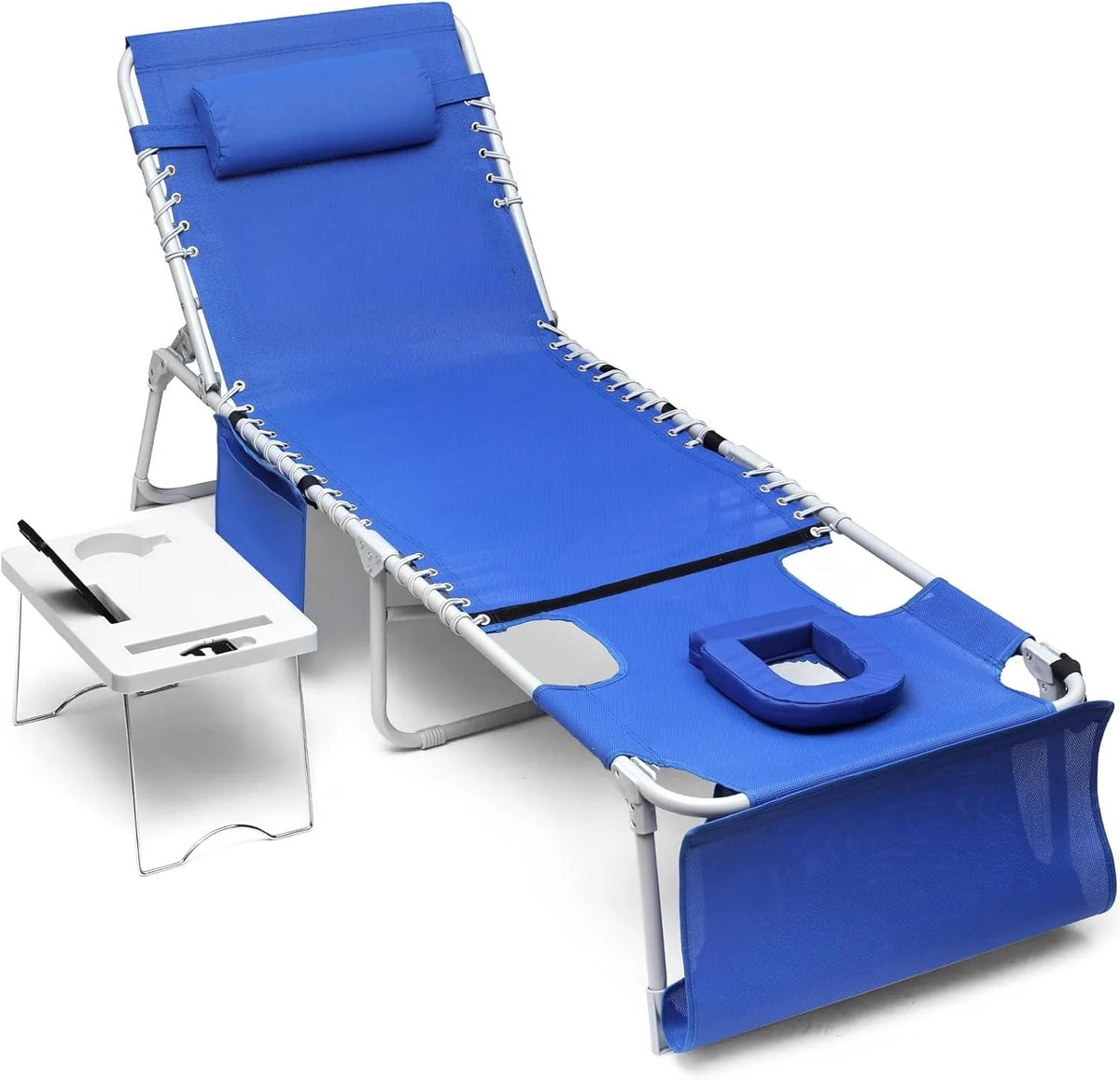 3-IN-1 Outdoor Sun Tanning Lounge Chair with Face Hole - 5-POSITION Recliner, Folding Side Table & Removable Pillow, 330LBS Capacity, Blue