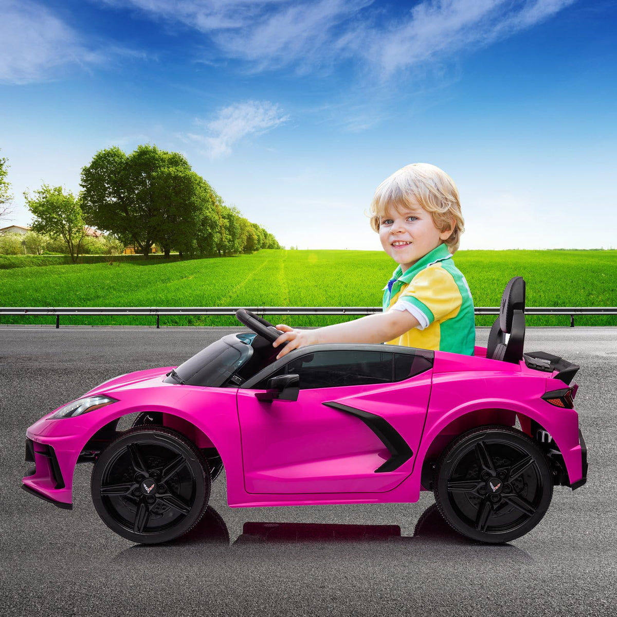 12V Kids Ride on Car Corvette Battery Powered Car Toddles Electric Sports Car Toy with Remote Control, Visual Dashboard, LED Lights, Music,…