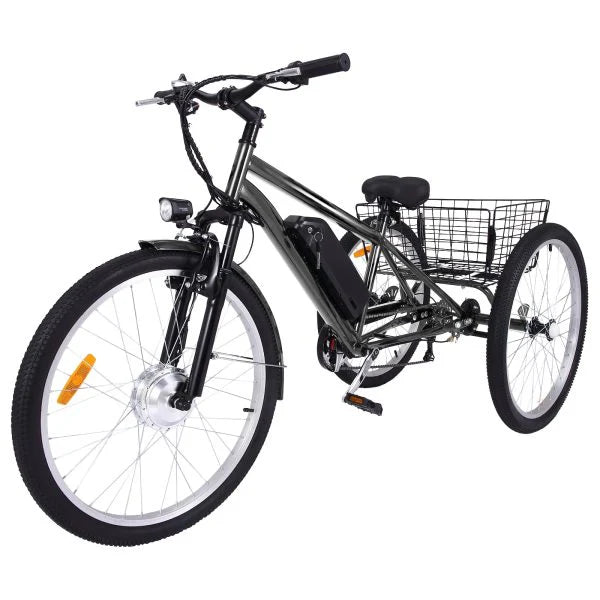 26 Inch Adult 3 Wheel Electric Tricycle with Basket, Fat TIRES,7 SPEEDS,350W Powerful Motor, 36V 10AH Removable Battery - Dark Gray