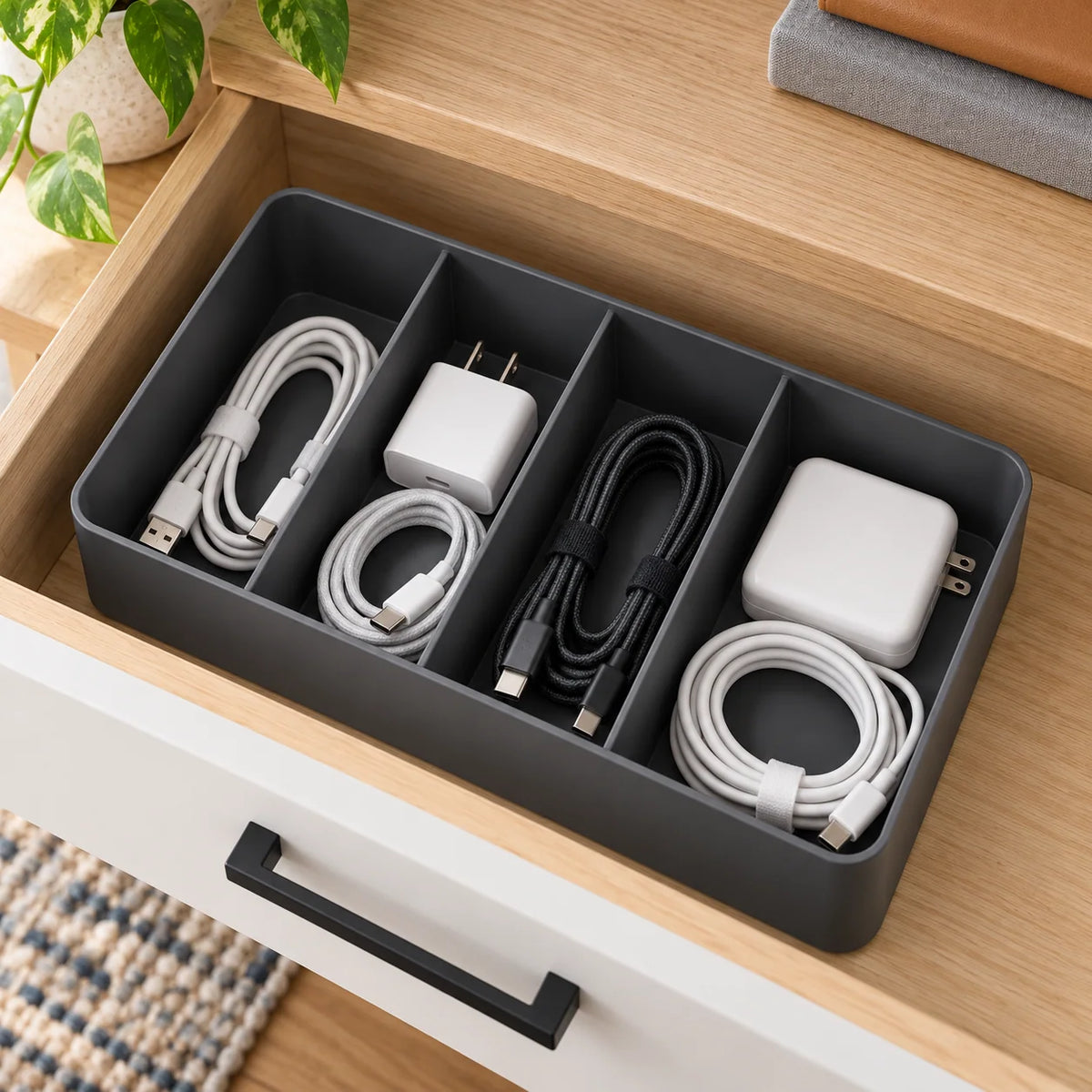 Charcoal Cable Storage Tray with Removable Dividers