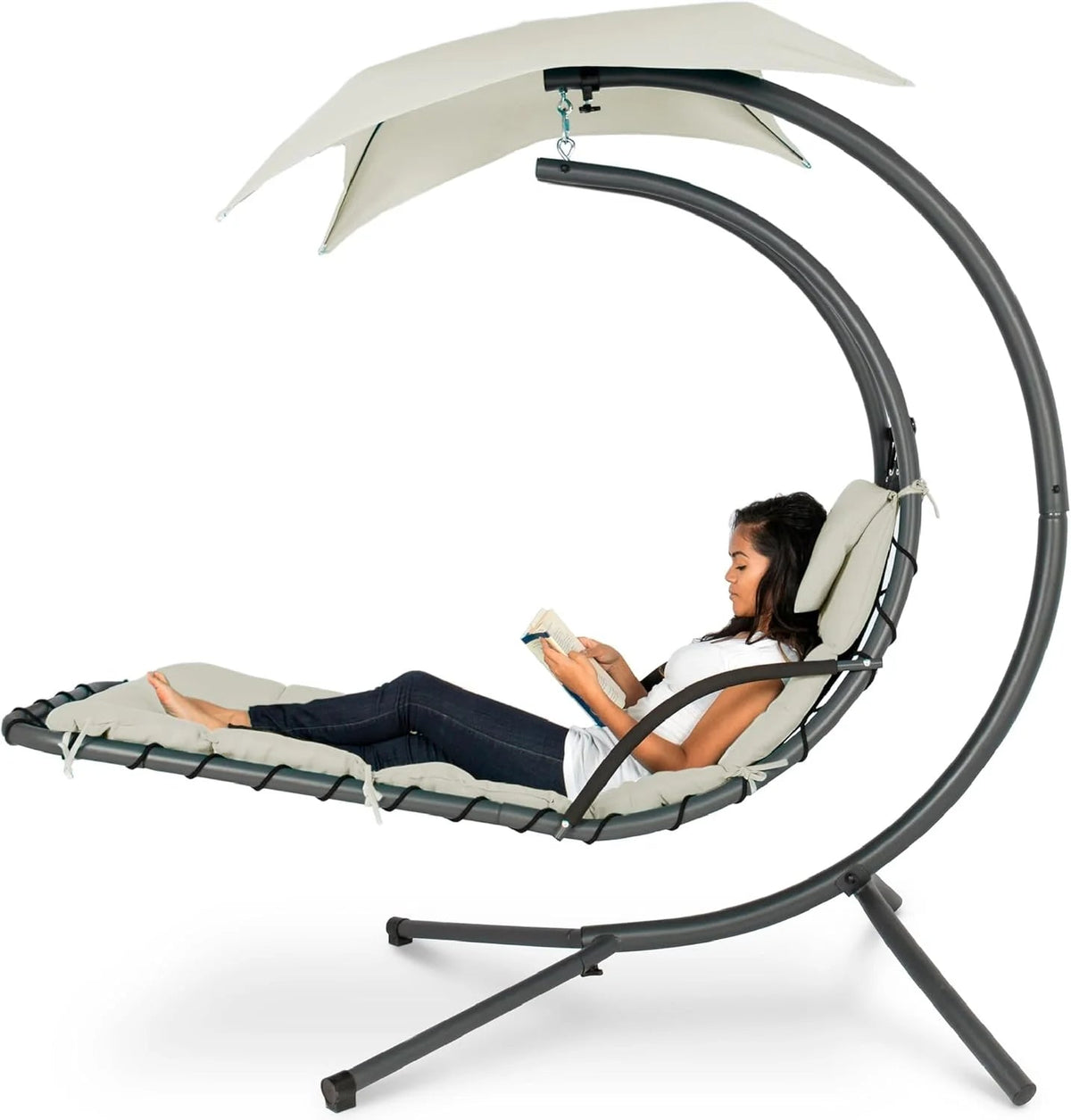 Best Choice Products Outdoor Hanging Curved Steel Chaise Lounge Chair Swing w/Built-in Pillow and Removable Canopy - Charcoal Gray