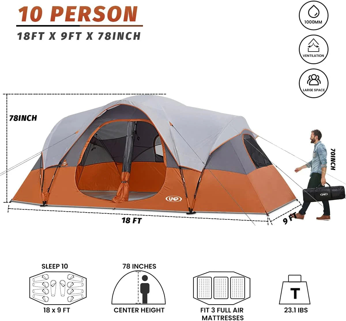 Camping Tent 10-PERSON-FAMILY Tents, Parties, Music Festival Tent, Big, Easy Up, 5 Large Mesh Windows, Double Layer, 2 Room, Waterproof,…