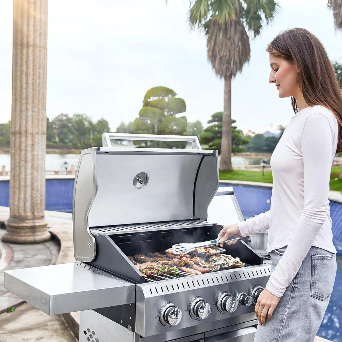 Upgraded 4 Burner Bbq Propane Gas Grill with Cast Iron Grates & Side Stove, 44,000 btu Stainless Steel Burner Barbecue Grill for Patio,…