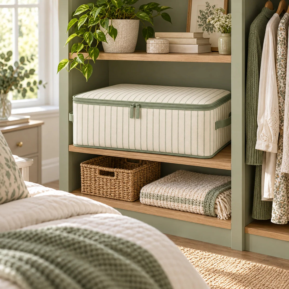 Sage Stripe Wardrobe Storage Bag, Low Profile