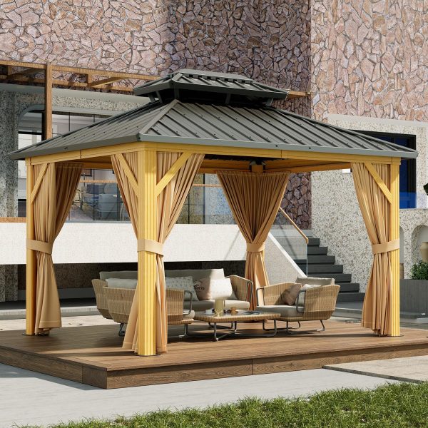 10X13 ft Outdoor Galvanised Steel Hardtop Gazebo, Heavy Duty Double Roof Outdoor Gazebo with Netting and Sunshade Curtains, Aluminium Framed…