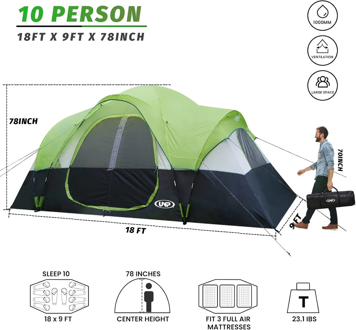 Camping Tent 10-PERSON-FAMILY Tents, Parties, Music Festival Tent, Big, Easy Up, 5 Large Mesh Windows, Double Layer, 2 Room, Waterproof,…