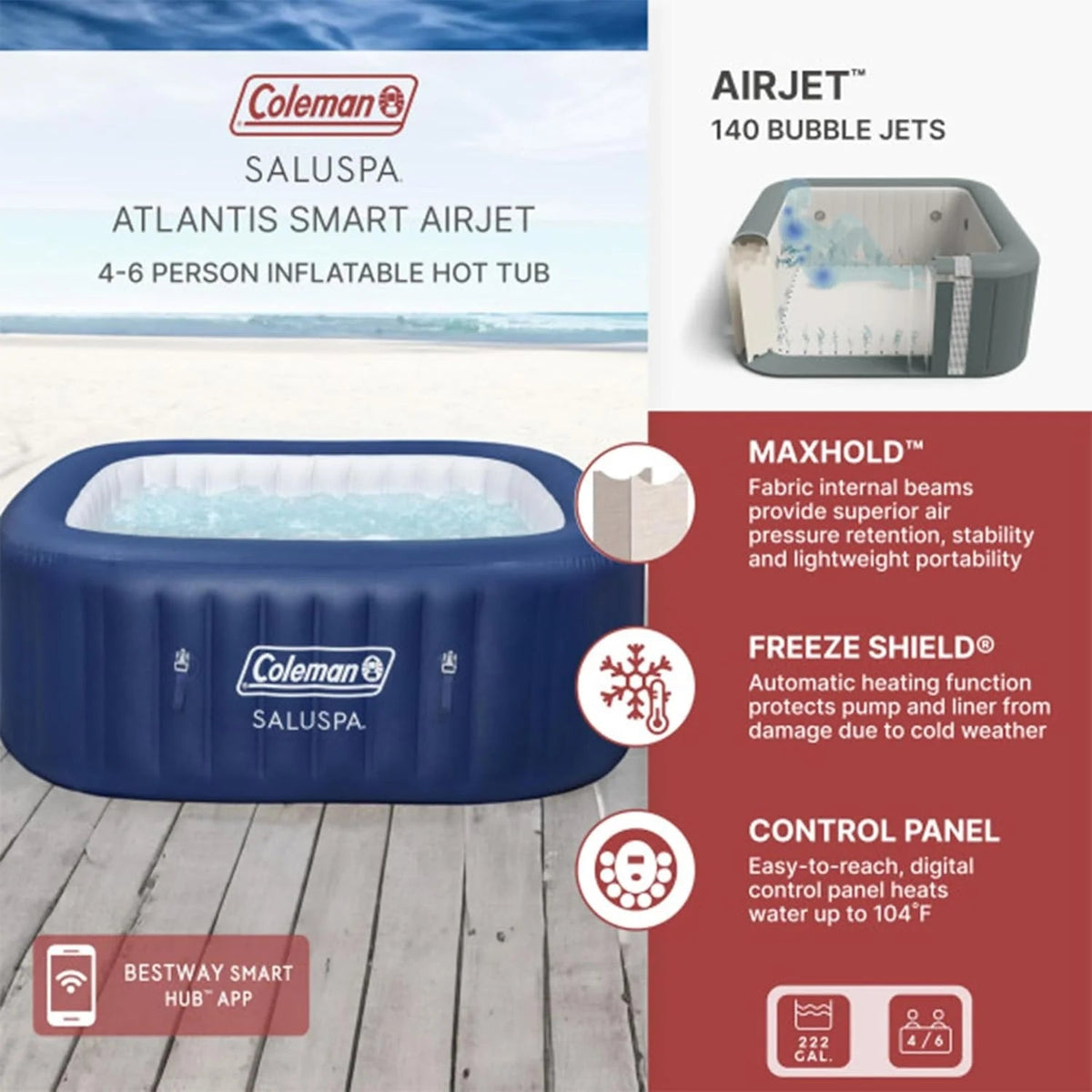 4 to 6 Person Inflatable Hot Tub Square Portable Outdoor Spa with 114 Soothing Airjets and Insulated Cover