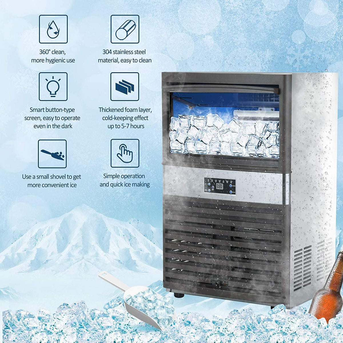 Commercial Ice - 110LBS/24H Stainless Steel Free-standing Ice Machine Maker Air Cooling Ice