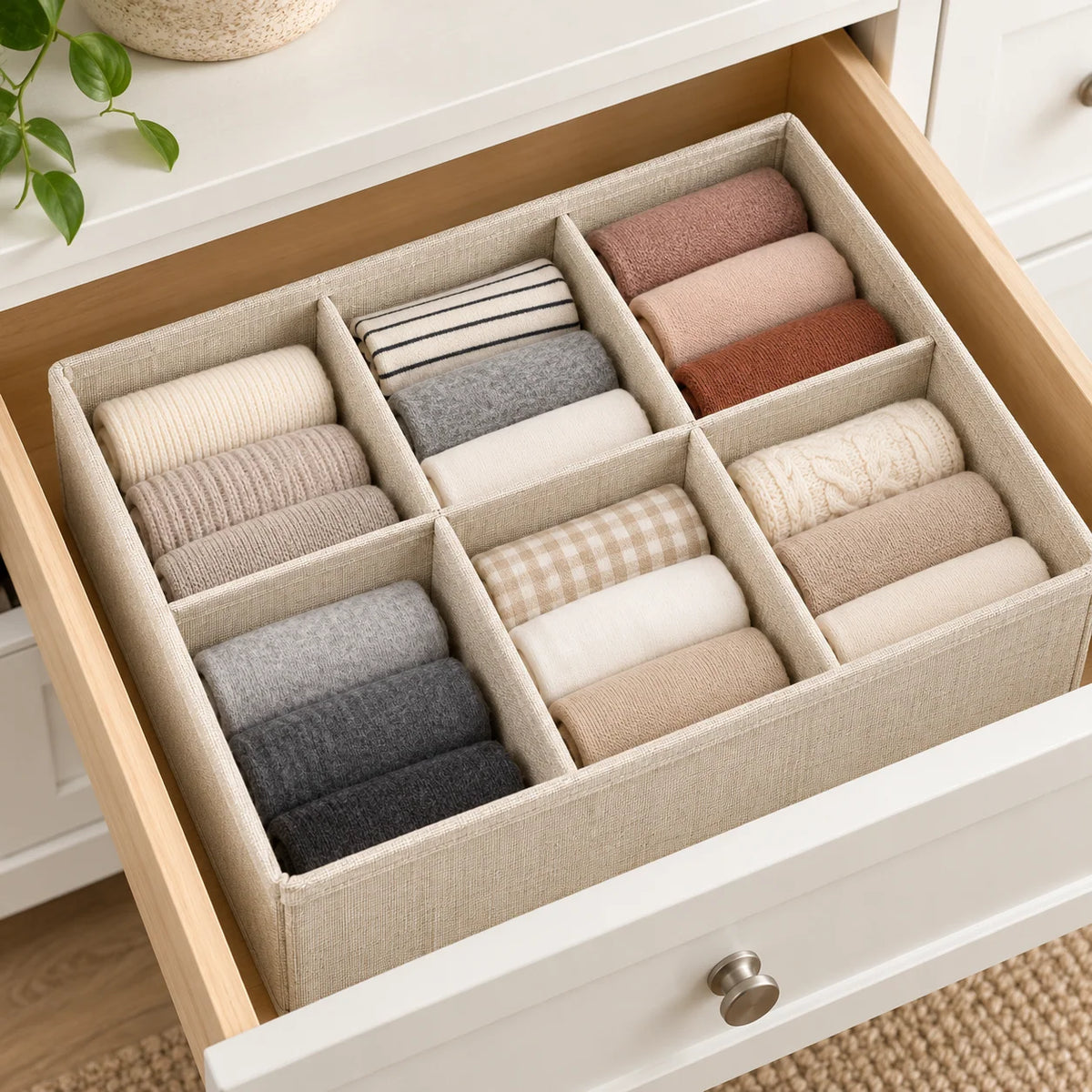 Oatmeal Fabric Underwear Drawer Organizer, 6 Cells