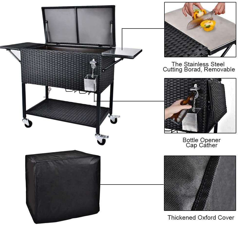 80 quart Rattan Rolling Cooler Cart, Portable Wicker Cooler Trolley, Backyard Party Drink Beverage Bar