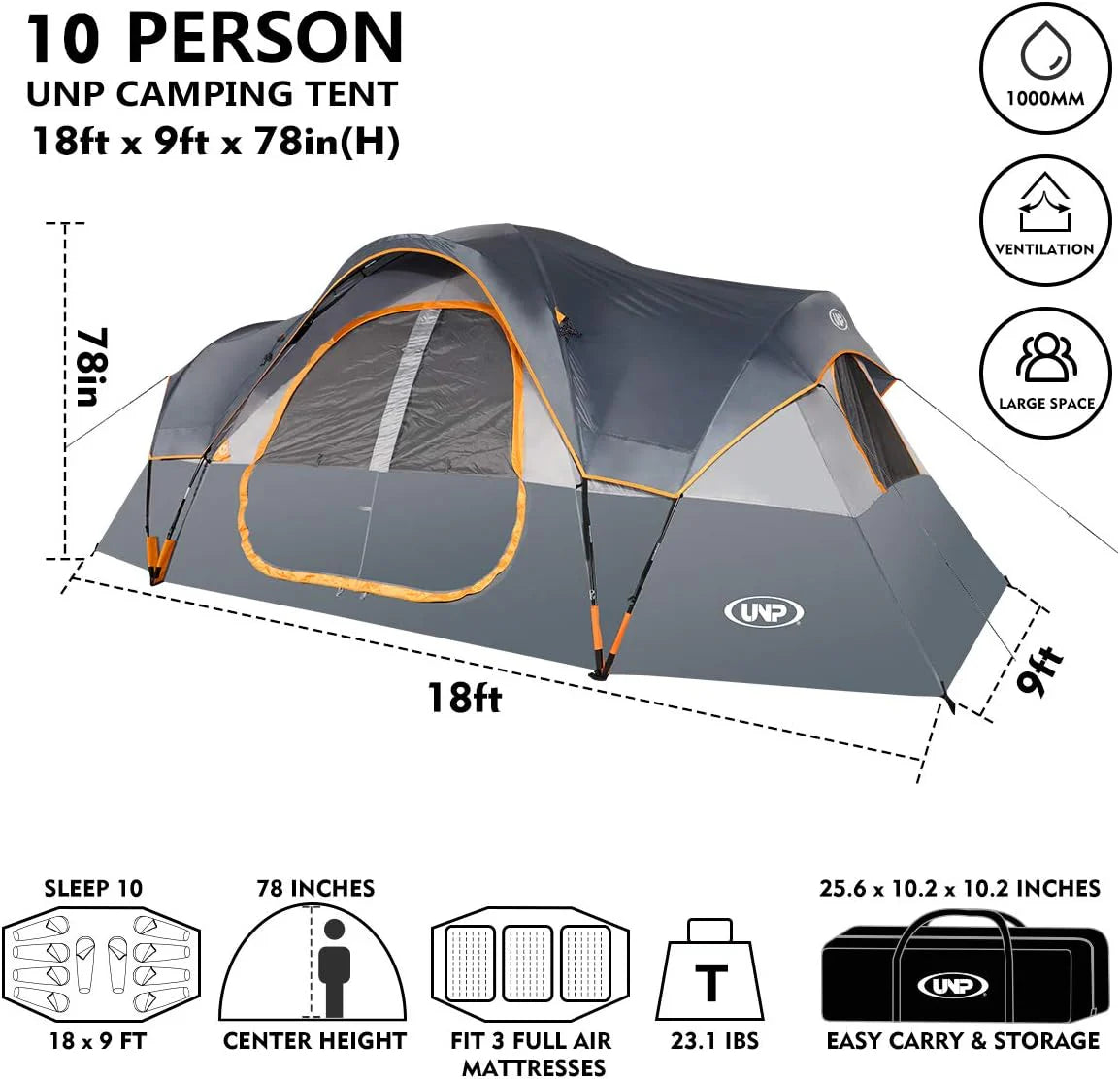 Camping Tent 10-PERSON-FAMILY Tents, Parties, Music Festival Tent, Big, Easy Up, 5 Large Mesh Windows, Double Layer, 2 Room, Waterproof,…