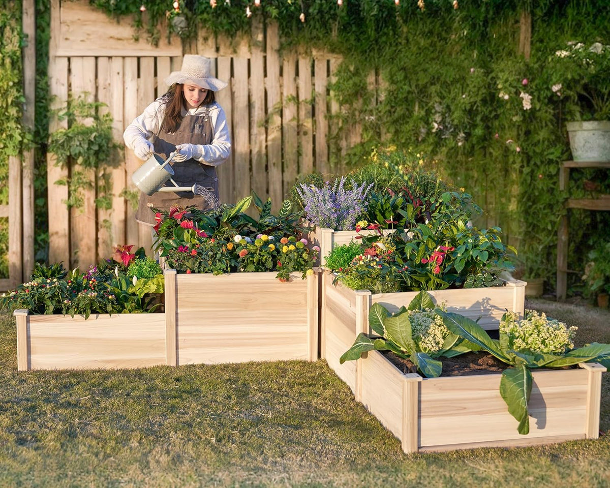 Garden Bed Outdoor Gardening, 28 Inch Depth 3-TIER Wood Planter Box with Cedar Leg, Baseboard, Leakage Hole,easy Assembled, Ideal for…