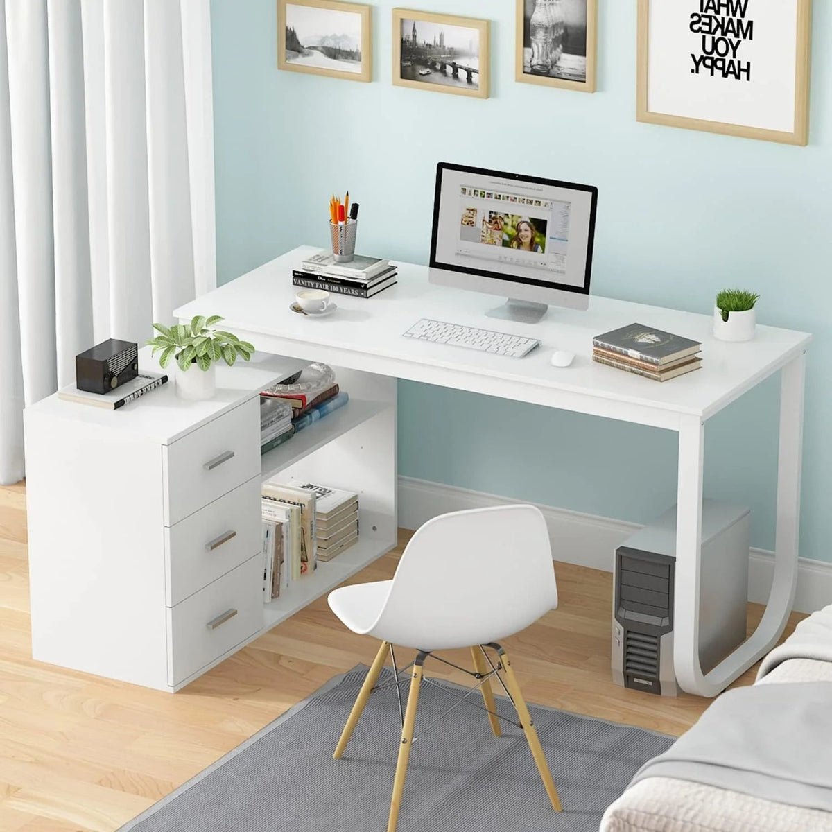 Home Office Computer Desk Corner Desk with 3 Drawers and 2 Shelves, 55 Inch Large L-shaped Study Writing Table with Storage Cabinet - Walnut…