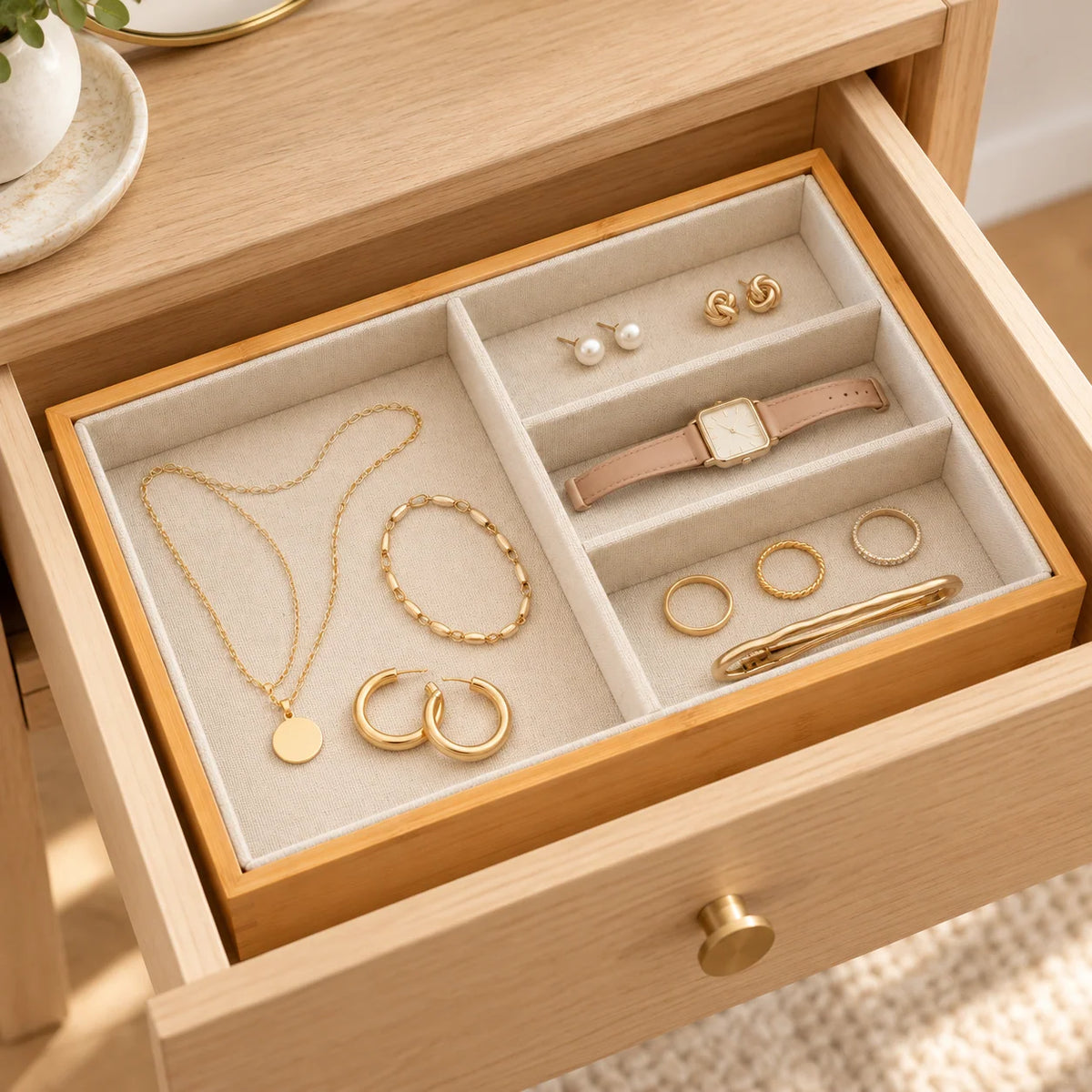 Bamboo Jewelry Drawer Tray with Removable Liner