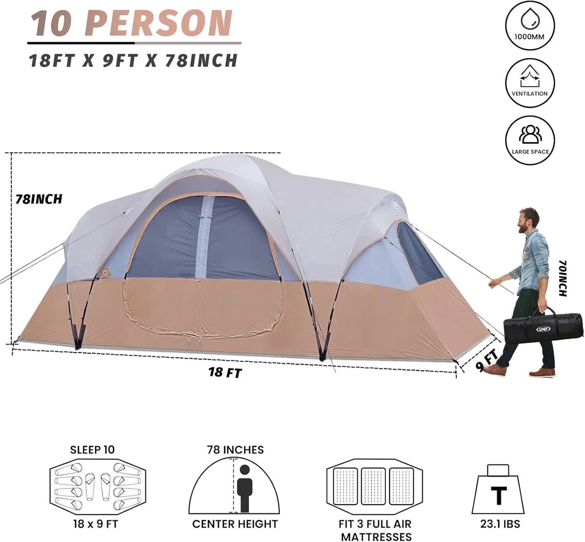 Camping Tent 10-PERSON-FAMILY Tents, Parties, Music Festival Tent, Big, Easy Up, 5 Large Mesh Windows, Double Layer, 2 Room, Waterproof,…