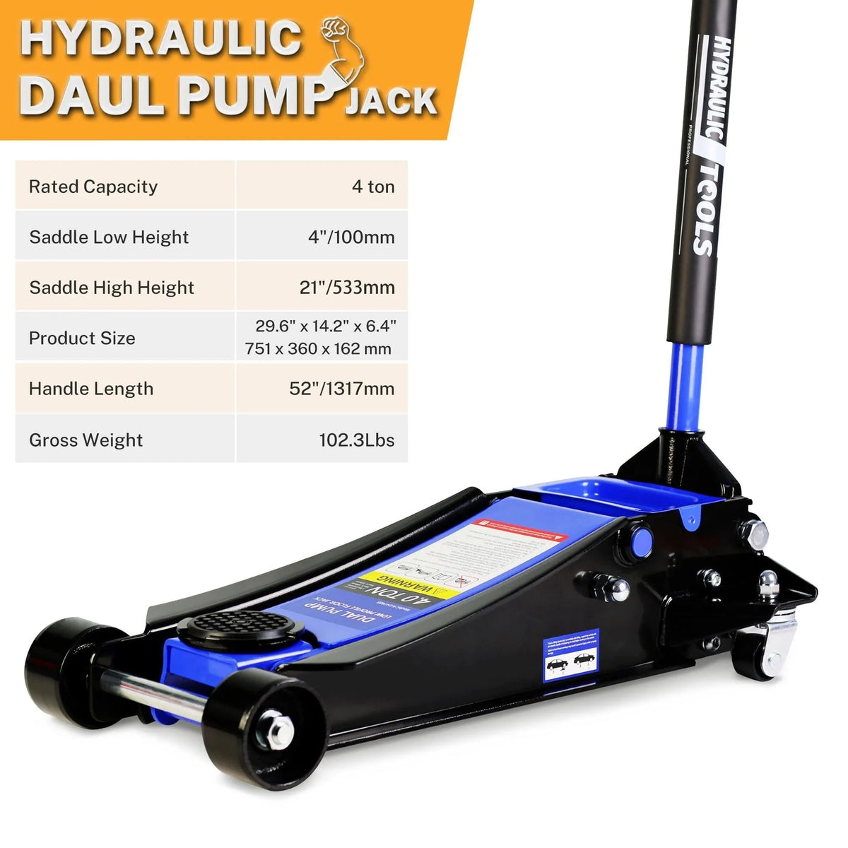 4-TON Floor Jack, Low Profile Car Jack, Heavy-duty Trolley Jack Car Lift with Dual Pump Pistons, Lifting Range 4"-21", 8000LBS