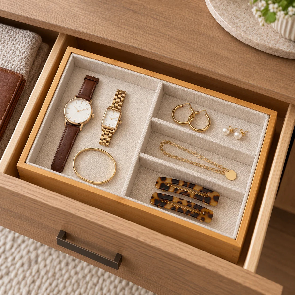 Bamboo Jewelry Drawer Tray with Removable Liner