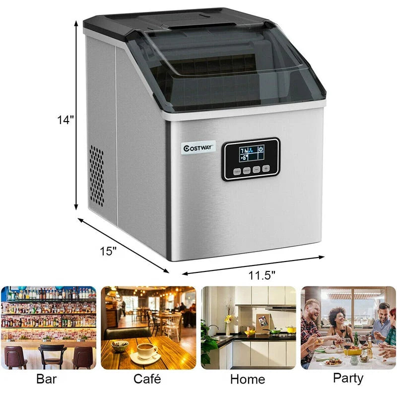 48LBS/24H Stainless Steel Countertop Ice Maker Machine with Self-clean Function Lcd Display Ice Scoop Basket