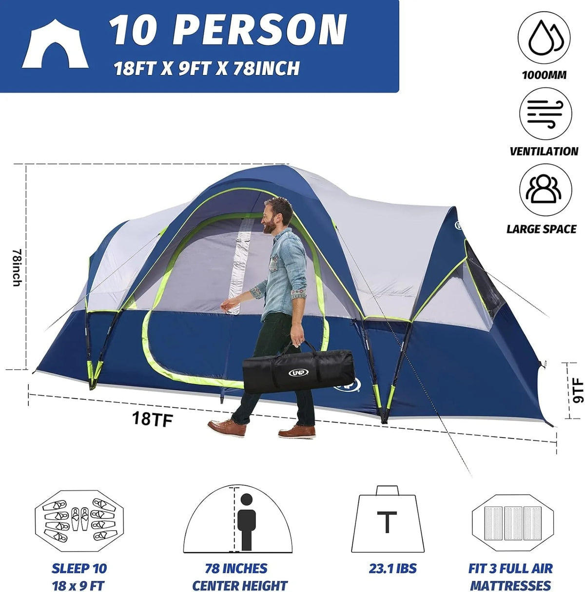 Camping Tent 10-PERSON-FAMILY Tents, Parties, Music Festival Tent, Big, Easy Up, 5 Large Mesh Windows, Double Layer, 2 Room, Waterproof,…