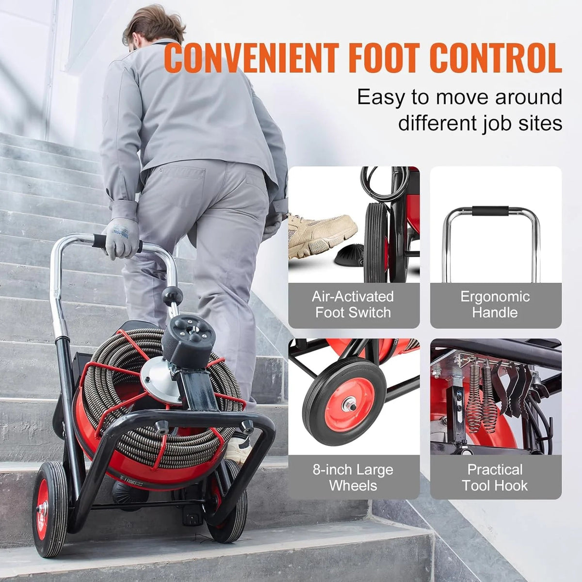 Drain Cleaner Machine 100FT X 1/2 Inch, Auto Feed Sewer Snake Auger on Wheels, 550W Portable Drain Cleaning Machine with 8 Cutters &…