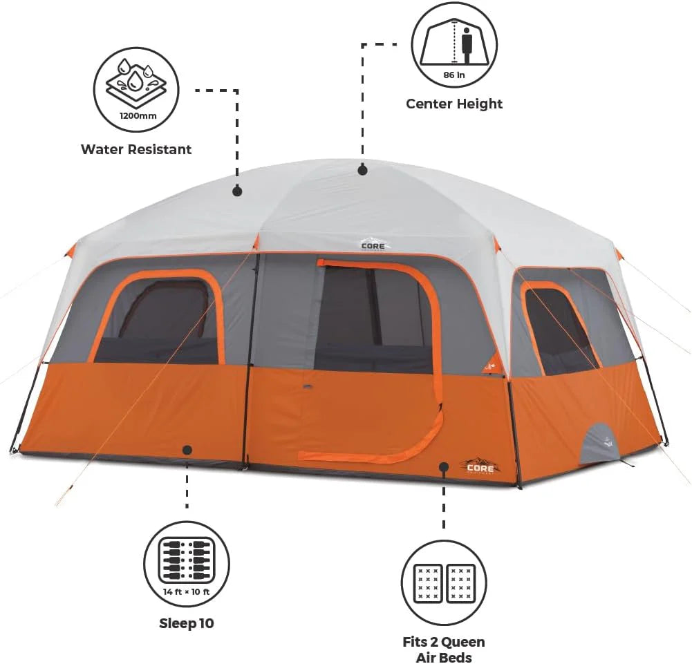Straight Wall Cabin Tents | 10 Person / 11 Person / 12 Person Large Multi Room Family Tents for Car Camping & Outdoor Adventures