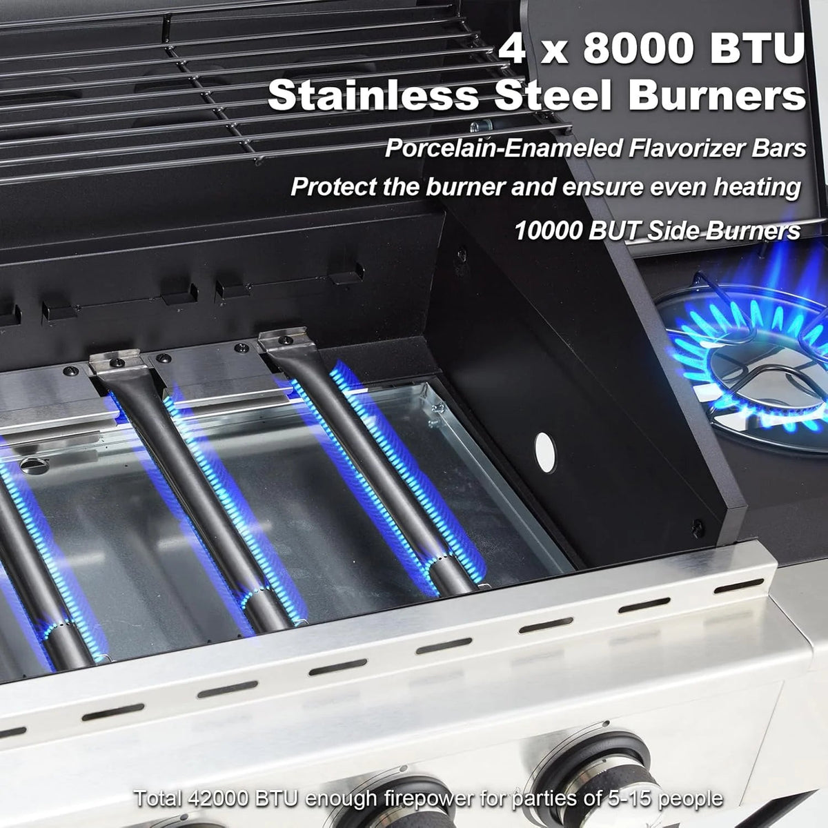 Upgraded 4 Burner Bbq Propane Gas Grill with Cast Iron Grates & Side Stove, 44,000 btu Stainless Steel Burner Barbecue Grill for Patio,…
