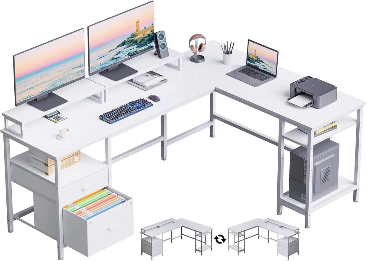 66" L Shaped Desk with Power Outlet, Reversible Computer Gaming Desk with File Drawer & 2 Monitor Stands for Home Office with Storage…
