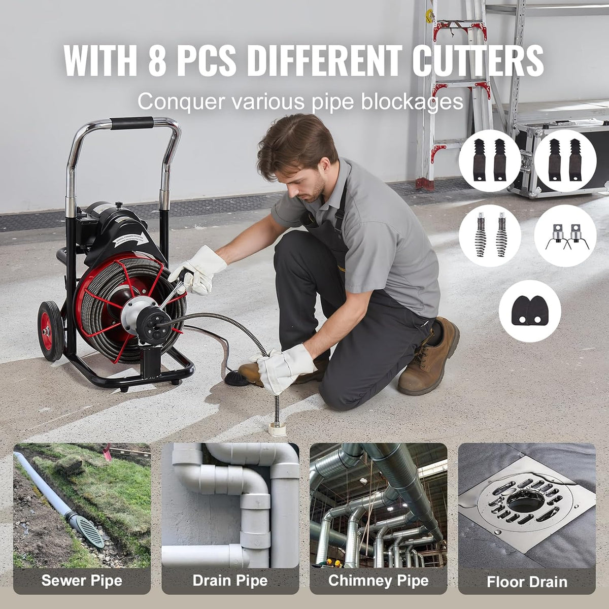 Drain Cleaner Machine 100FT X 1/2 Inch, Auto Feed Sewer Snake Auger on Wheels, 550W Portable Drain Cleaning Machine with 8 Cutters &…
