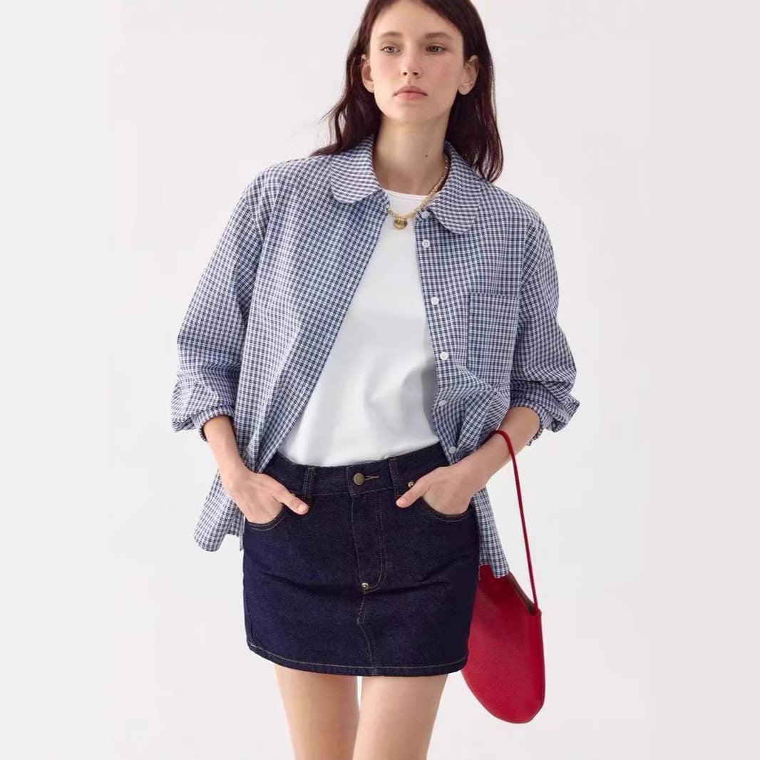 LONGÉ Women's Blue and White Check Rounded Collar Shirt