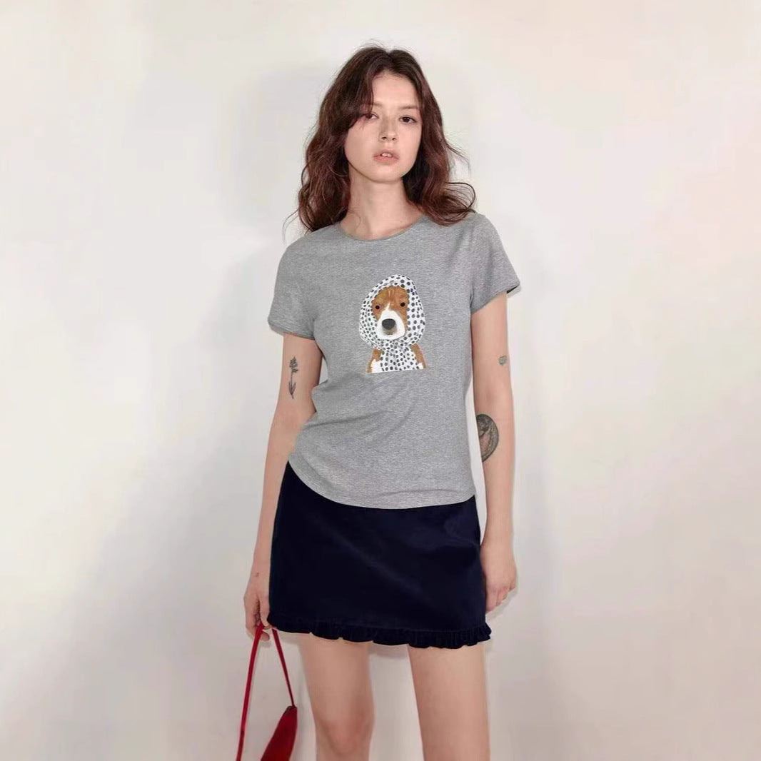 LONGÉ Women's Viscose Cotton Acrylic Blend Dog Graphic T-Shirt - Light Gray